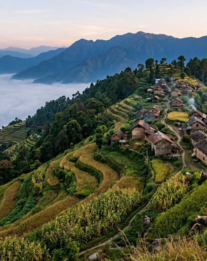 Terraced fields and scattered houses of a Chepang hillside village at dawn