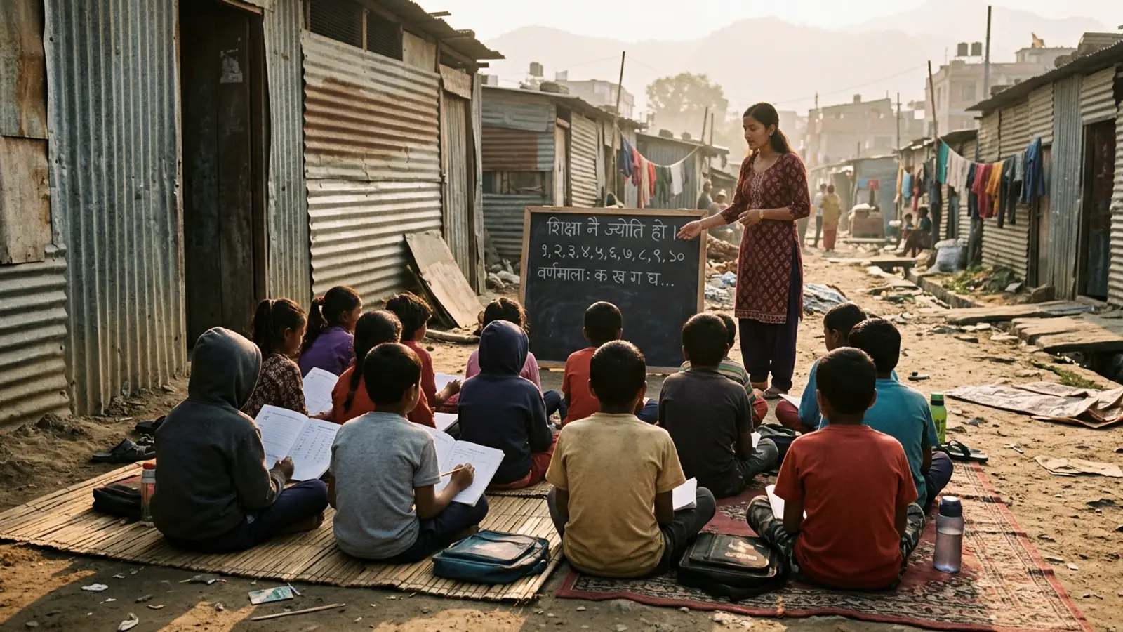 Children sitting on mats with open exercise books during a community class in Nepal